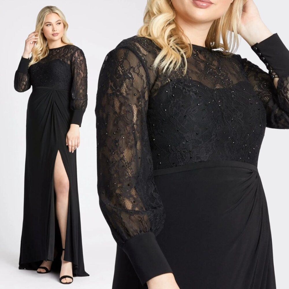 Mac Duggal Size 20W 20 W Black Lace Jersey‎ Stretch Long Sleeve Maxi Gown Dress